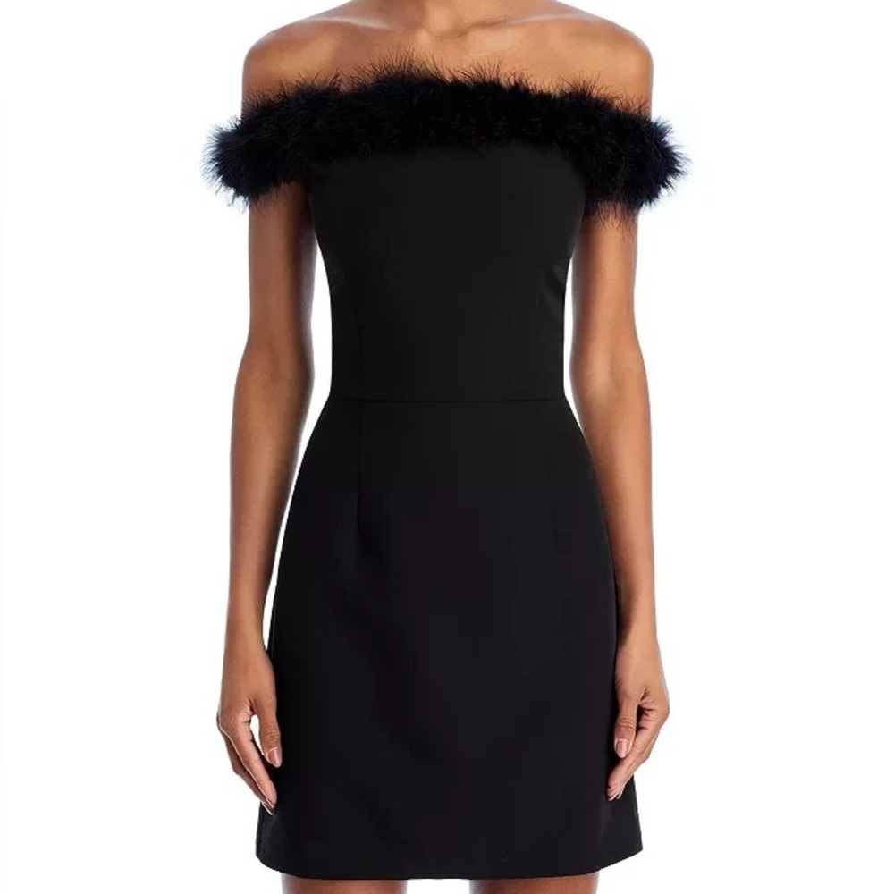 Aqua Black Feather-Trim Mini Dress